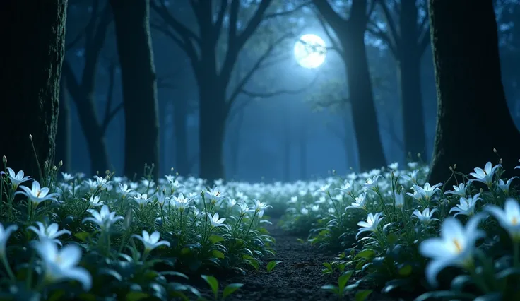 Generate a field of small white lilies, in a forest with very large trees at night