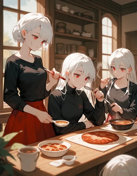 1 person,girl,White hair,I gathered,White hair, in red eyes ,Stirring, long-sleeved black shirt ,Red skirt,
