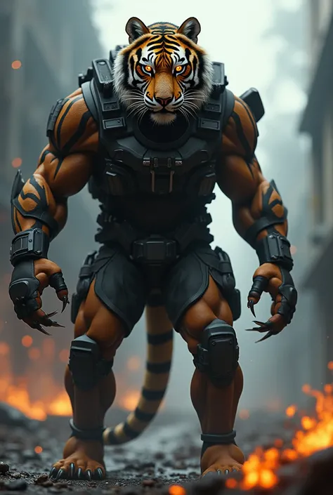 Design a hybrid creature that seamlessly combines the features of a Black commando officer and a tiger, creating a monstrous, dangerous entity. The hybrid has the muscular build of a human commando, complete with tactical armor, but its face and body merge...