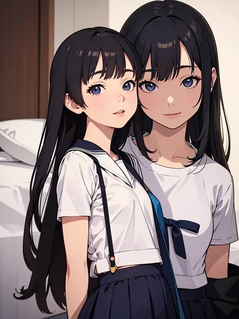 very cute ,Young, elementary school students,{2girl}, Alone, Hairstyle: Long hair,  black hair,(best quality,4K,8k, highres icon,masterpiece:1.2),ultra-detailed,(realistic,photorealistic,photo-realistic:1.999),anime,(masterpiece, best quality,ultra-detaile...