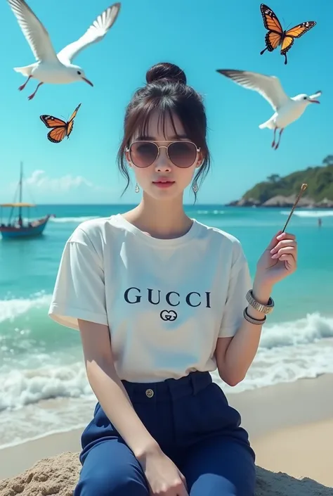 Beautiful Indonesian woman, smooth white skin, well-groomed face, Korean-style bun with bangs, white t-shirt with the Gucci logo, wearing (indigo blue jumpsuit pants that say "OPAY"), wearing sunglasses, cool watch, wearing white shoes, sitting in a pose o...