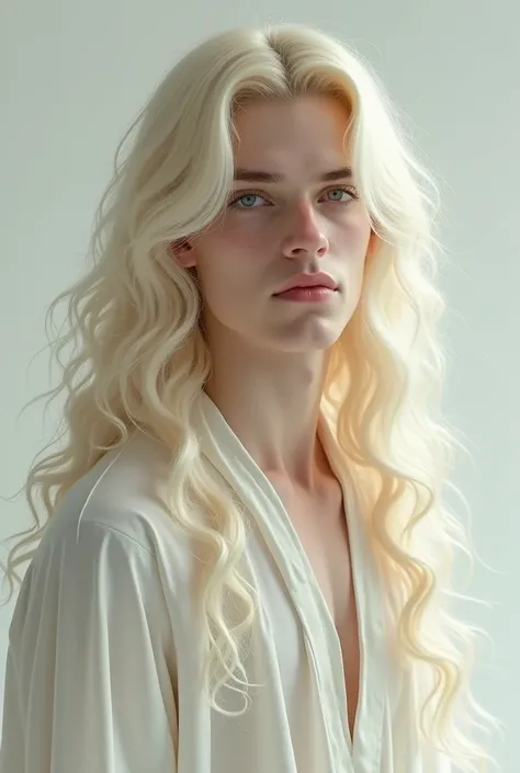  Pale blond man with extremely long and curly hair that reaches his feet, with a beautiful and delicate oval face like that of a woman , long eyelashes, sharp nose, blue eyes,  Wearing a white tunic . The image must be of him in full body.