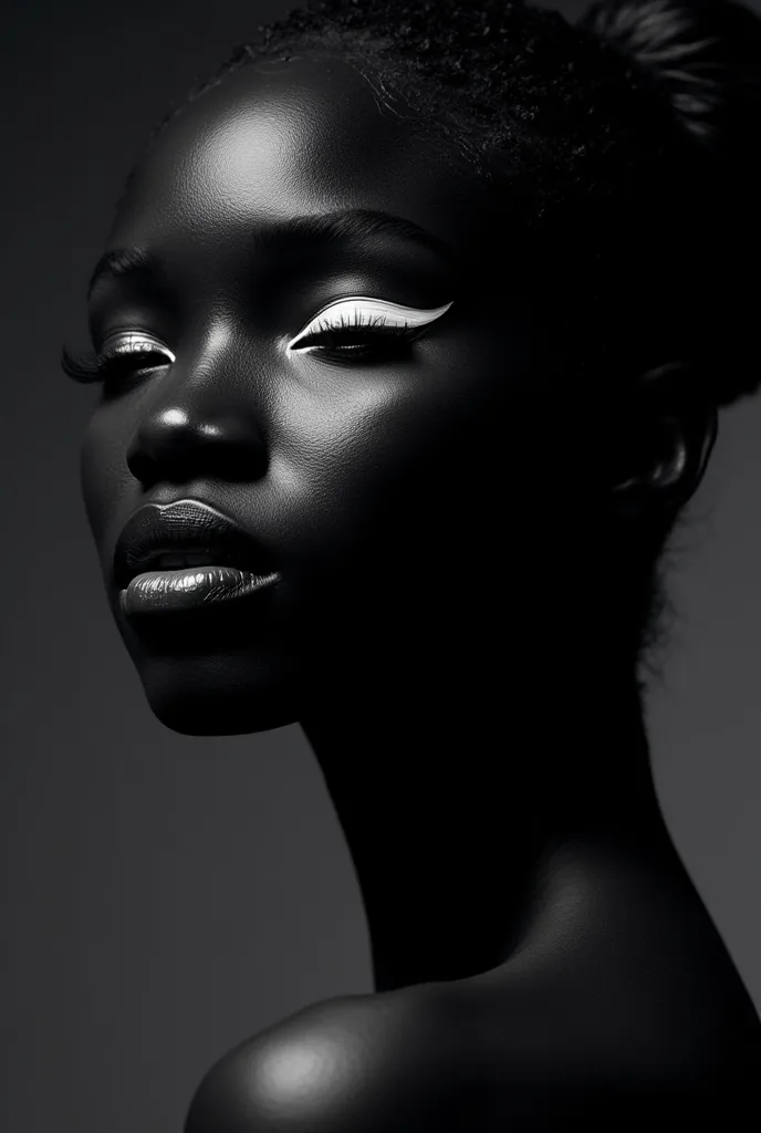 a hyper-realistic, high-contrast profile portrait of a woman with dark, smooth skin, illuminated to highlight her facial feature...