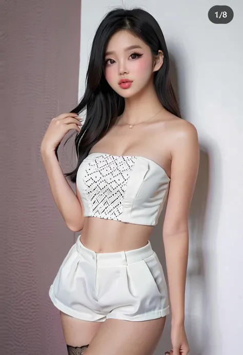 ((best resolution)), work of art, ((high quality:1.2)), 8k, extremely detailed, ((high detail:1.2), Solo, Korean Ulzzang female, (mini-shorts, strapless cropped top), (Beautiful and perfect face:1.23), high detailed texture, photograph, realistic,