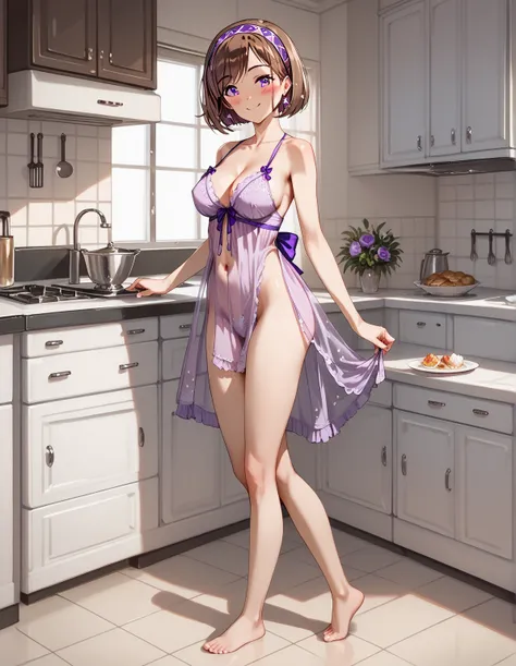 looking at the spectator, La mejor calidad, masterpiece, necessary,  Anatomically correct, (nsfw), A beautiful young woman ( Seductive full body, nightgown, big breasts,  slim waist,  big ass, short brown hair, cut Bob, wearing a princess headband , Purple...