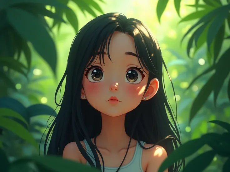 Filipino anime girl curious, green background