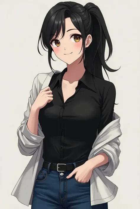 Anime adult woman black blouse, jeans, white shirt, black hair in ponytail, smile mature 