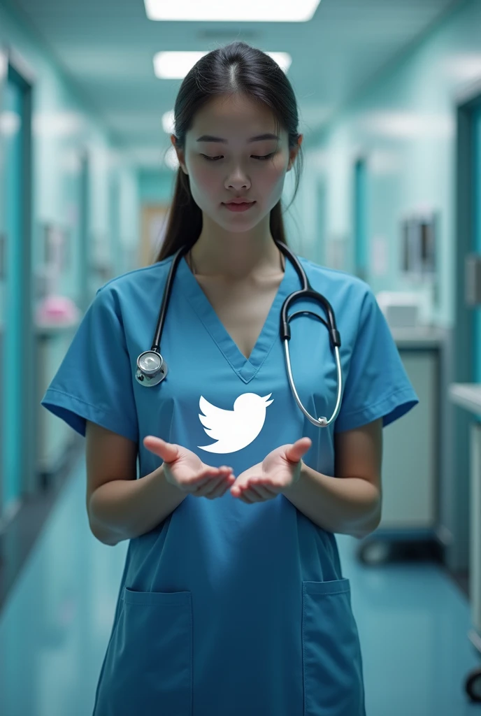 a nurse with a social media icon, face invisible or cut out