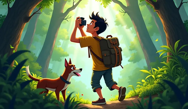 4D caricature of 20-year-old Indonesian man hiking wearing kerir while holding his camera in middle of forest with high contrast 8k detoil dog