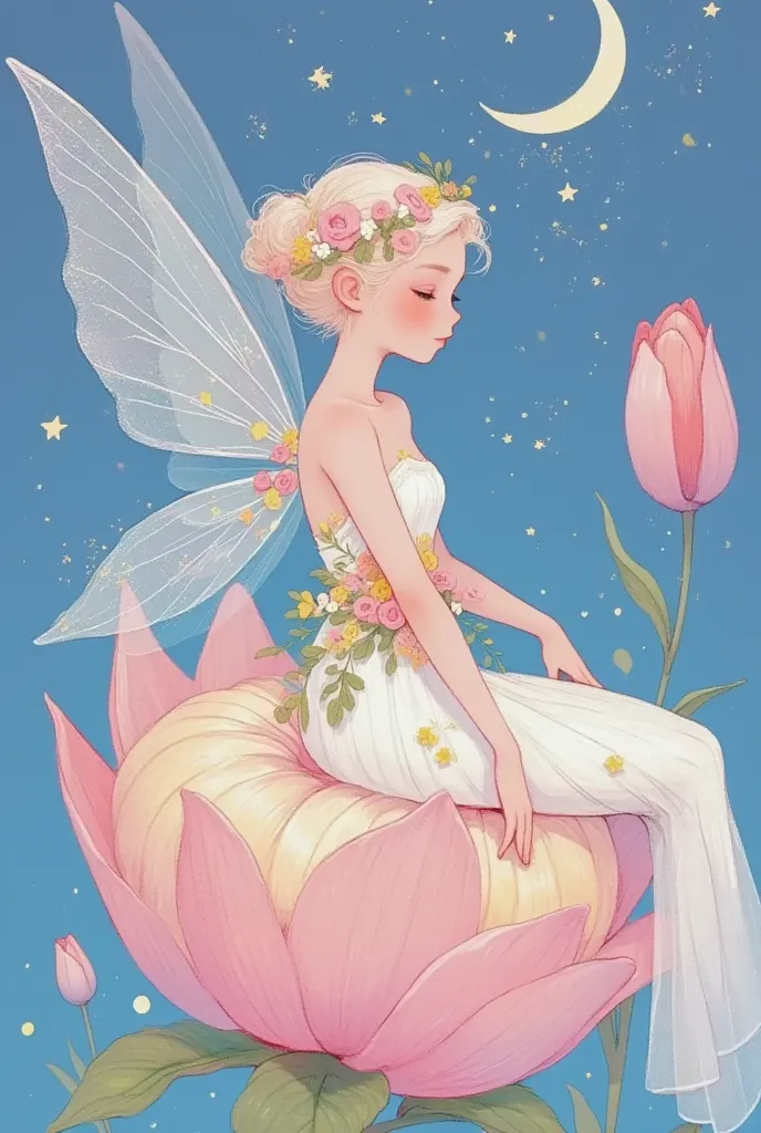 a cartoon fairy sitting on a flower with a moon in the background, space flower fairy, beautiful fairy, fairy aesthetics, beauti...