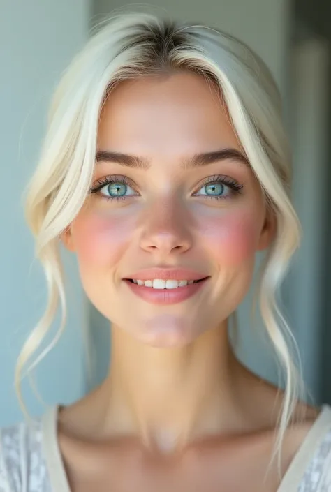 25-year-old girl with white hair and light blue eyes and a big smile, maquillandose,  hyper detailed photograph , realistic with soft light , portrait