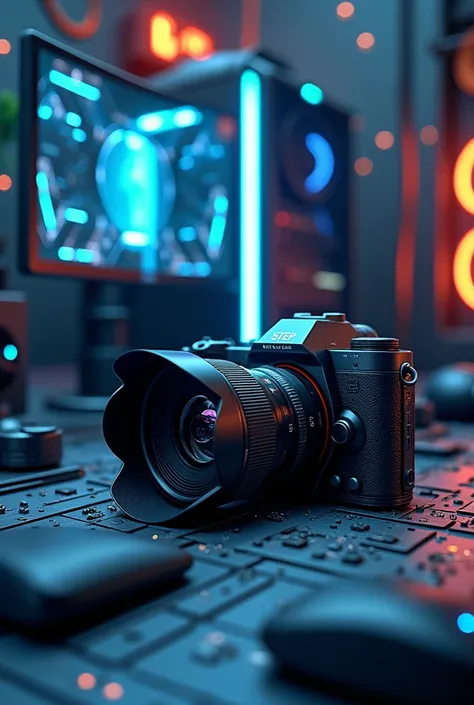 Tech related theme wallpaper, camera and computer