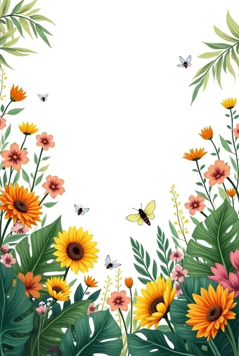  A wall painting drawn by hand with a white background .  Monstera leaves should be seen in the foreground with sunflower daisies and various other colorful flowers. Bees and butterflies should fly in between . The picture should be full of flowers