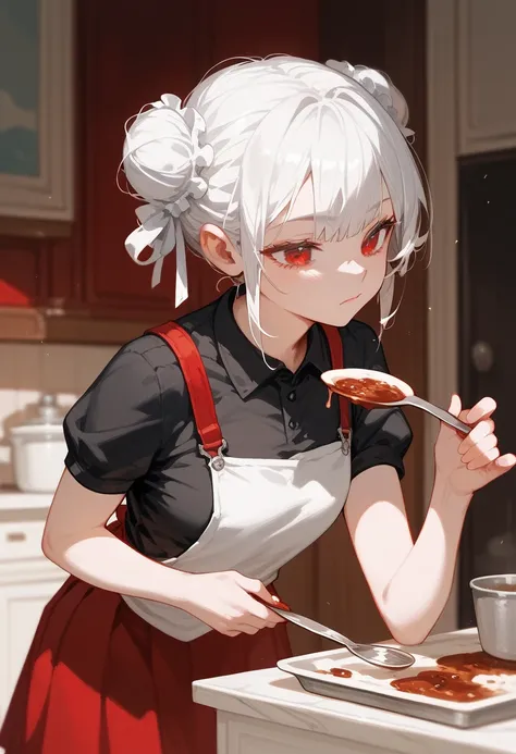 1 person,girl,White hair,My hair is tied in a bun.,White hair, in red eyes ,Stirring, long-sleeved black shirt ,Red skirt