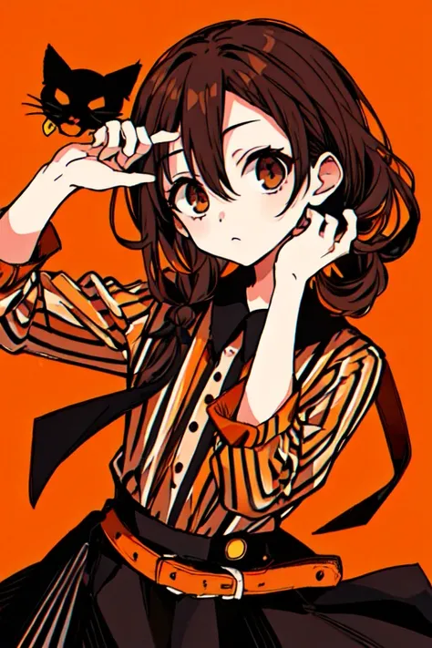 1 girl, Jack-o-lantern,  alone , Double Bread, Comb your hair, shirtผ้าลายทาง, shirt,  Skin Patterns , pumpkin,  Halloween , striped shirt, Look at the audience, Brown eyes, Long sleeves,  brown hair, Holds , black skirt, skirt, :), collarbone,  shy,  uppe...