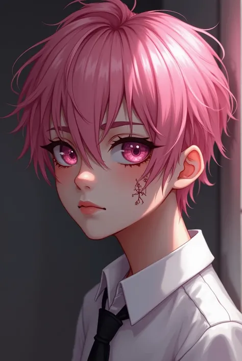 A lolita pink boy (gender: male) has Trauma and is a killer (add a few scars to his face) ADD MORE PINK. ADD MORE SCARS, HE SHOULD HAVE TRAUMA.  HIS HAIR IS A SOFT PINK