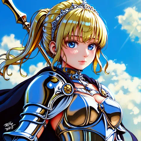 Manga style,masterpiece, top-quality, cel shading,(1suttungly beautiful cool woman solo:1.2),knight,Blonde, ponytail,blue eyes, cleavage,Detachable collar , short tie ,cape, high definition , bangs, Long Skirt with Slits,tights, head on,  cowboy shots, ana...