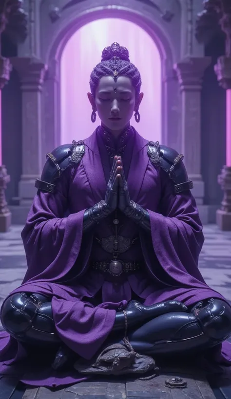 (Vision:1.3)，(Full body shot)，(Ultra wide angle)，A purple cyberpunk robot monk with folded hands, multiple hands, meditating, sitting in lotus position, doing meditation pose, wearing an ornate headdress made of black metal parts, precision mechanical body...