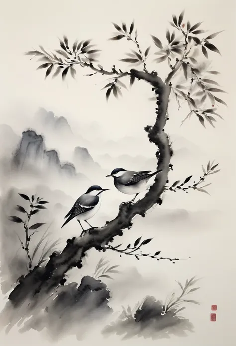 (best quality,highres,masterpiece:1.2),ultra-detailed,ink painting,Minimalist,Chinese style,bird on a branch,loose brushstrokes, composition,subtle textures,elegant simplicity,expressive ink marks,black and white,eye-catching,fine details,zen-like,traditio...