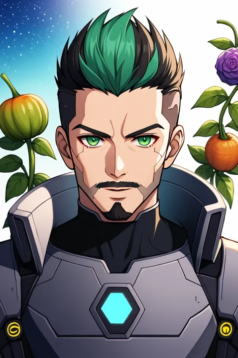 Sticker, simple background, A man with striking sky-blue and green eyes, and short multicolored hair, and dense beard. is working in a garden full of vegetables of all colors and sizes. The vivid colors stand out in the scene, which has a futuristic cyberp...