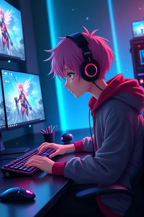 Anime gamer playing game in a awesome setup of gaming