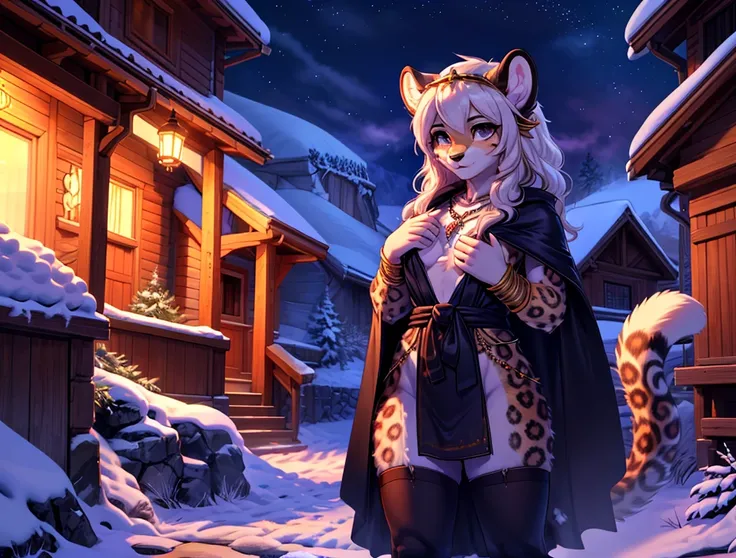 (masterpiece, best quality:1.2),1girl, upper body,tail, large tail, white hair, very long hair, wavy hair, grey eyes, detailed eyes, multicolored hair, circlet, bead necklace, animal ears, leopard ears, black cape, white dress, hip vent, pelvic curtain, gr...