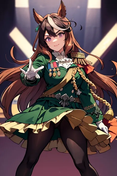 symboli rudolf,one person、girl、Horse tail、purple eyes、best quality,large breasts,Green coat, green military jacket,  green skirt, red cloak, white gloves, black tights,golden epaulettes ,Medals, gem,Button closure, full body,seductive smile,Perfect hands、s...