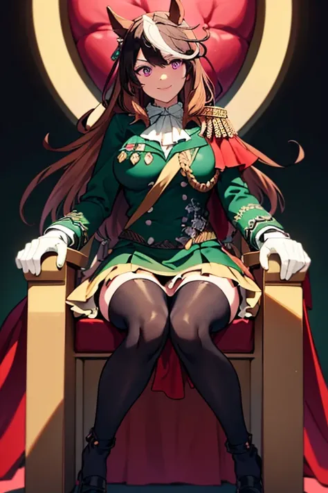 symboli rudolf,one person、girl、Horse tail、purple eyes、best quality,large breasts,Green coat, green military jacket,  green skirt, red cloak, white gloves, black tights,golden epaulettes ,Medals, gem,Button closure, full body,seductive smile,Perfect hands、s...