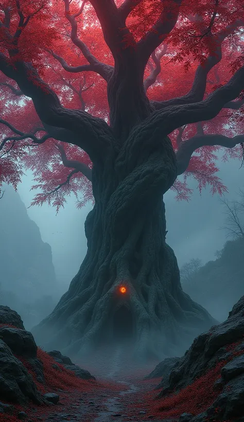  "A colossal, centuries-old tree with a gnarled trunk and glowing red leaves. The surroundings are dark, with a faint mist adding to the eerie ambiance. Digital art in ultra-high detail, 8K resolution, mystical and haunting."