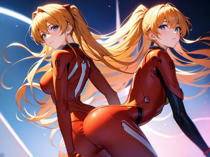 (masterpiece), Best quality expressive eyes, Perfect face, 1 Girl, Solitary, Soryu Asuka Rangra, Interface Headset, wearing a Full red EVA pilots combat suit, permanent, Turn your back to the audience, show your asshole, Figures without obstruction, Split ...