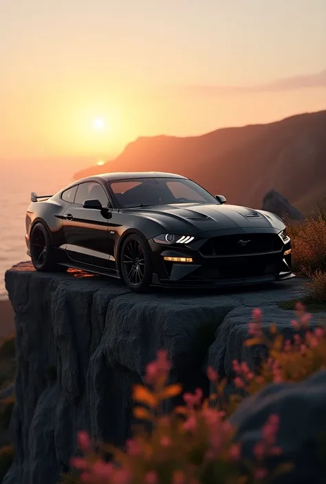 Black mustang Shelby standing in a cliff weeds and flowers facing the sunrise morning vibe