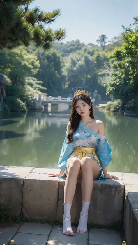 無骨水彩Rendering畫，hazy昏暗月空， in an empty Chinese palace staircase front garden ,  A beautiful brown eyed Chinese girl wearing a gorgeous low-shouldered palace ( Barefoot wearing socks , Shoes fall next to ),  Shy chaperone wearing a gorgeous yellow robe , x} H...