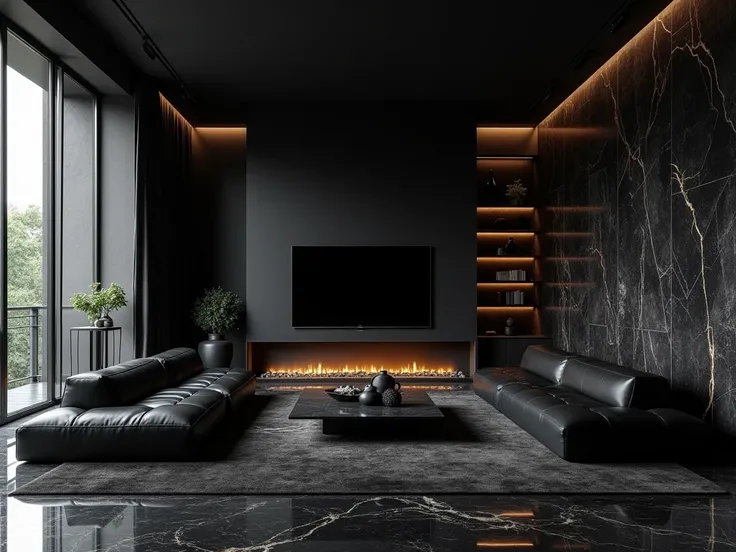  The living room is a vast space ,  dark and imposing ,  where shades of black predominate in every detail .  The walls are clad in black marble ,  with subtle golden veins that are only revealed In the natural light that filters through the huge windows ,...