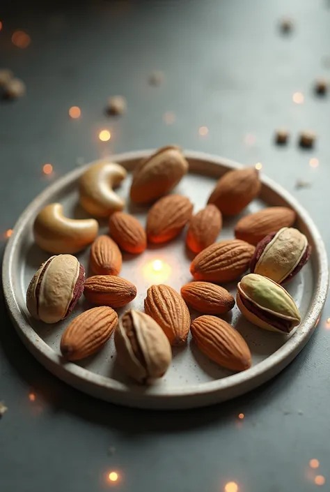 A plate of nuts containing almonds, cashew nuts and pistachios placed on a magnet pulling a store 