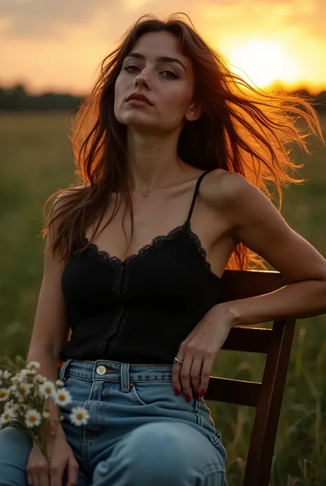 Portrait réaliste, aux détails très fins, dune jeune femme persane aux cheveux longs déployés en lair, la main levée vers le ciel, vêtue dune chemise noire à dentelles, dun jean moulant et de chaussures en cuir rouge, assise sur une chaise en bois avec des...