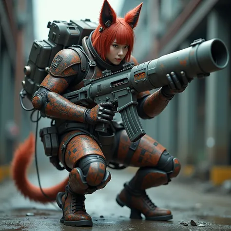 ultra high res,8k,(Photorealsitic:1.4), (beast-like animal wear:1.2), designed by Hajime Katoki,heavy weapons,metallic textures,animal legs, (red hair), japanese female soldier,(ultra beautiful face),((super realistic all textures)), ((super intricate all ...