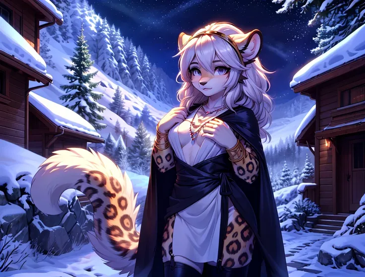 (masterpiece, best quality:1.2),1girl, upper body,tail, large tail, white hair, very long hair, wavy hair, grey eyes, detailed eyes, multicolored hair, circlet, bead necklace, animal ears, leopard ears, black cape, white dress, hip vent, pelvic curtain, gr...