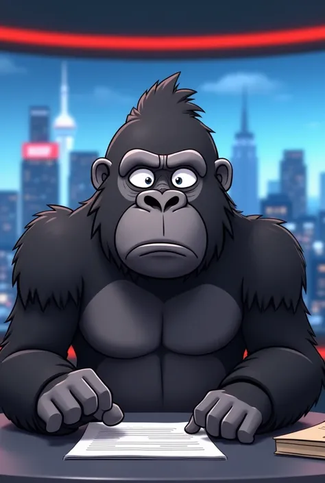  image of an anime-style newscaster with a serious expression ,  the newscaster is a gorilla 、 modern newscaster .  the anchor is sitting behind his desk ,  talking to the camera with a worried expression . Behind the anchor ,  Breaking headlines and a wor...