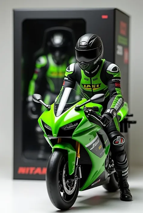 Create 3D image featuring a collection figure of  a  man wearing a complete motor racing outfit  with name "JAH" written on the front of the mans  jacket, wearing black full face helmet . riding on a green and black Kawazaki Ninja ZX-10R.  The figure is po...