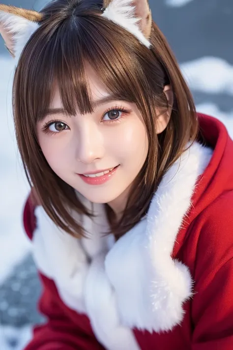 cute 21 year old Japan 、night、 Christmas、 shopping、Super Detail Face、 pay attention to the details with the hem of the clothes、 double eyelids、Beautiful thin nose、 sharp focus:1.2、 pretty woman smiling at school:1.4、( light brown hair , Short Hair,  white ...