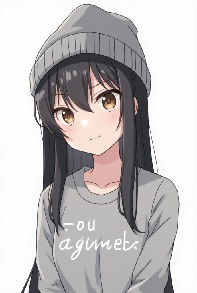 1girl, solo, long hair, black hair, written clothes, brown eyes, looking at the viewer, beanie, lips, upper body, closed mouth, shirt, earrings, https://i.postimg.cc/tCDfNDvp/Screenshot-20230606-212445.png