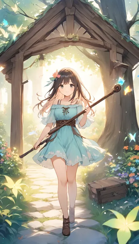    bright lines and soft colors create a dreamy effect., A fleeting impression.., One Woman 、 Old Tree House     、Girl with an old wooden cane    、 holding an old wooden cane 、cute、   Fantasy  、   Fantasy   皮の鎧、Villager、  sexy、((poor))、 My clothes are tatt...