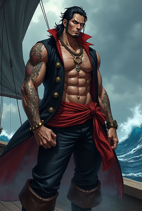 Dans l animation de one piece, crée moi un pirate sanguinaire ténébreux et charismatique 