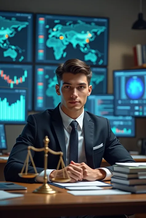 A young lawyer with books titled law on his desk and the scales of justice on the other side, following the stock market and digital offerings.