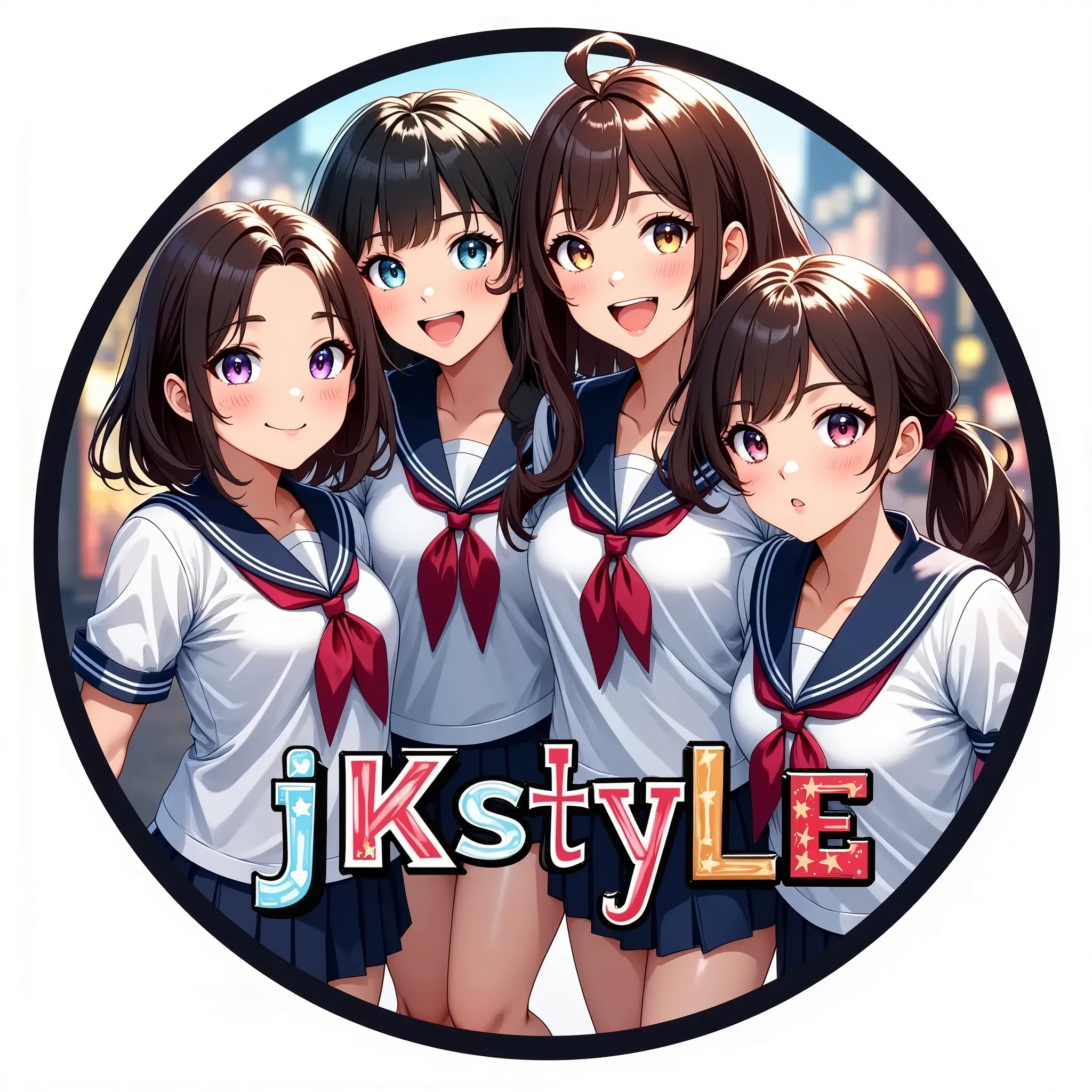 Group logo text: JKstyle, Circular logo for an intimate group of friends consisting of four teen high school girls in sailor suits. it should be cool, like a game title.