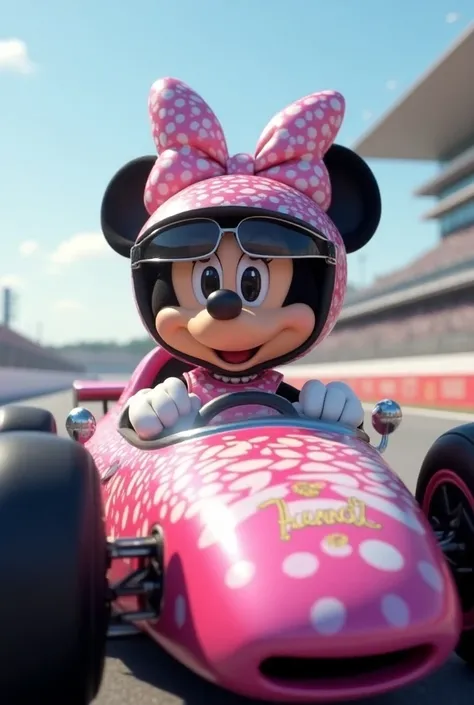   A photo of Minnie Mouse riding a modern race car. Minnie is wearing a pink helmet with a white and black pattern and sunglasses. The car is pink and white, with the text "Hanna" written in gold. The background is a race track.