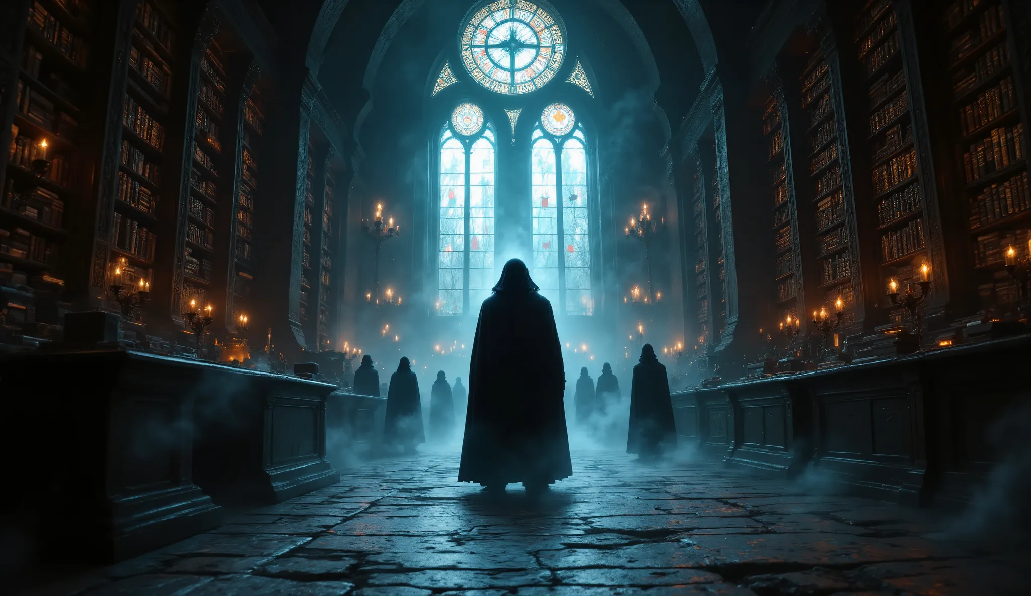 a ghostly figure with glowing eyes stands at the end of a dim aisle, watching the researchers in grand library hall filled with ...