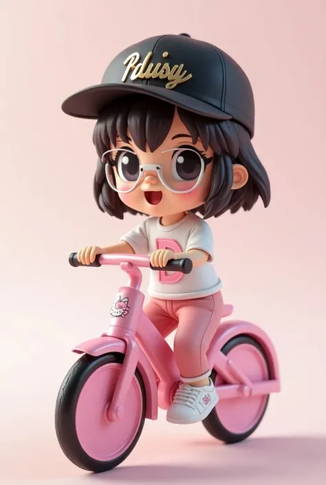 A 9D render of a chibi-style female character named Daisy riding a modern and sophisticated pink bicycle designed with hello kitty logo with seamless walls. Daisy has short, black brown hair and wears a black cap with her name "daisy" inscribed in metallic...