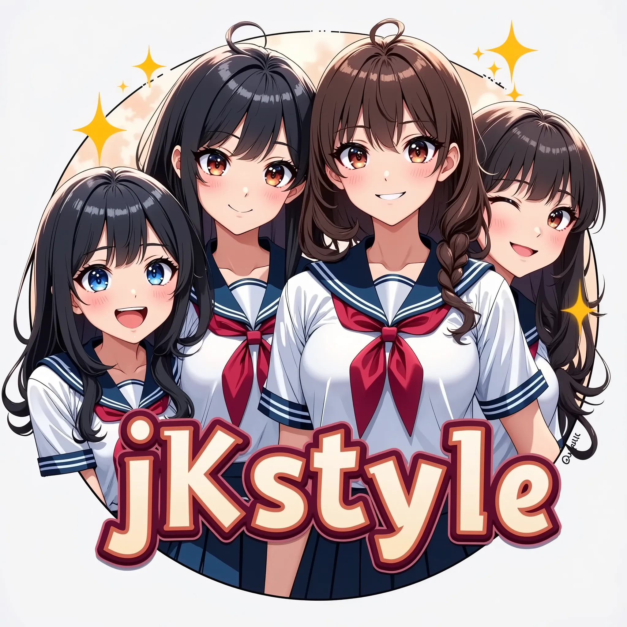 Group logo text: JKstyle, Circular logo for an intimate group of friends consisting of four teen high school girls in sailor suits. it should be cool, like a game title.