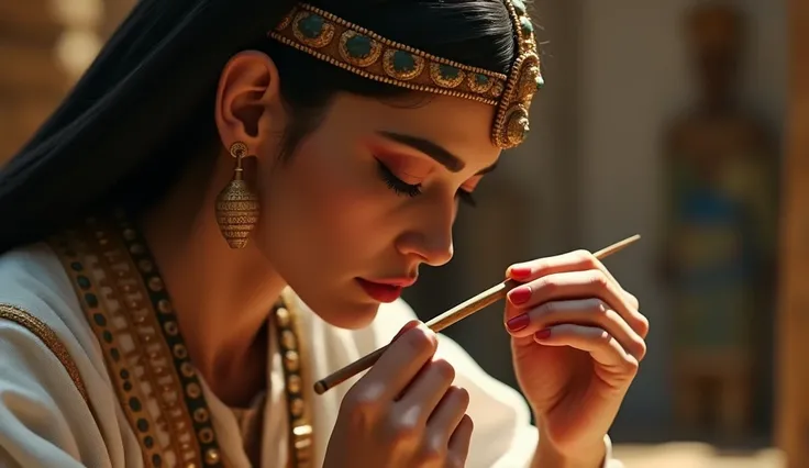 Egyptian woman applying very realistic Egyptian makeup.  with tools of the time. small wooden sticks 
